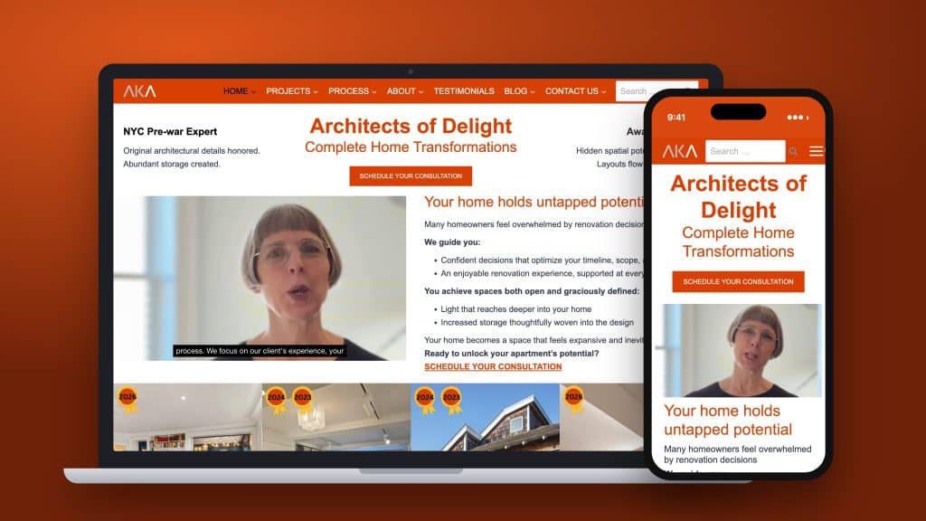 AKA Insight architecture website shown on a laptop and a phone, website design by Penner Web Design