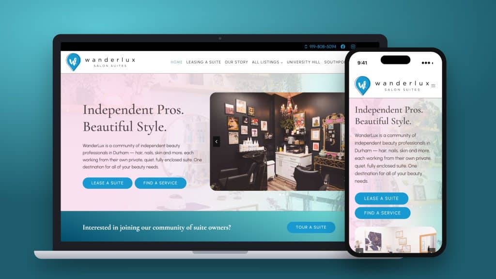 WanderLux Salon Suites website shown on a laptop and a phone, website design by Penner Web Design