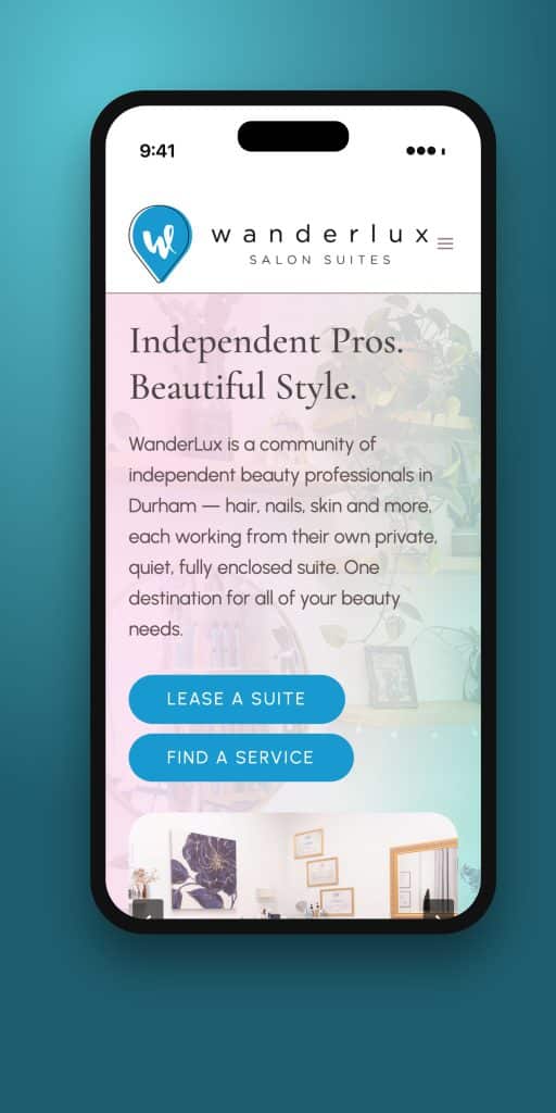 WanderLux Salon Suites mobile home page on a phone, website by Penner Web Design