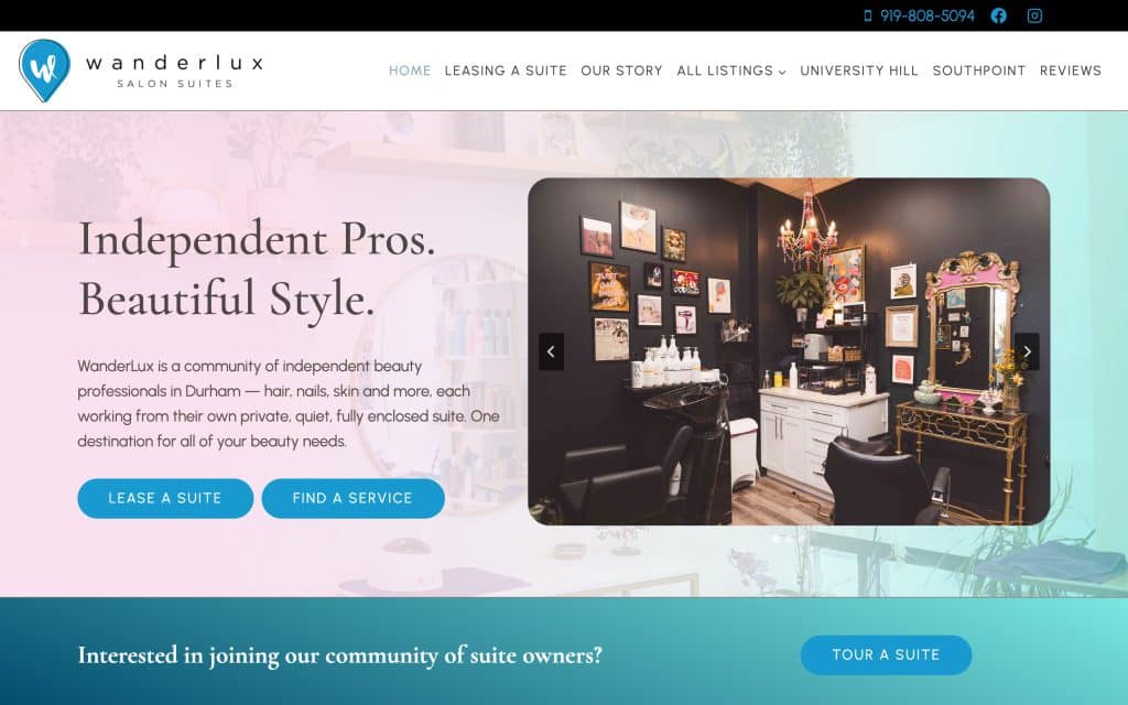 WanderLux Salon Suites home page: Independent Pros. Beautiful Style.